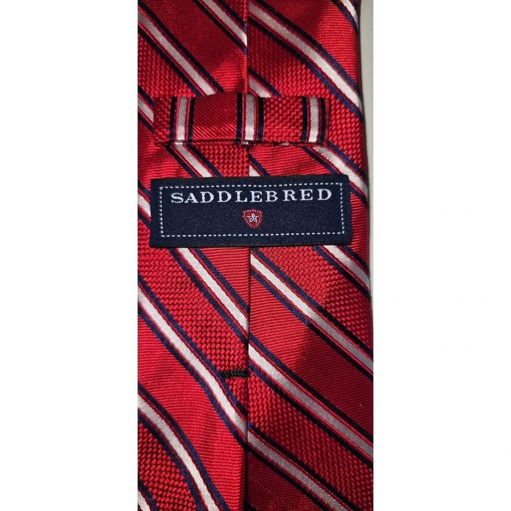 Saddlebred Mens Red Navy Blue White Diagonal Striped Silk Blend Necktie